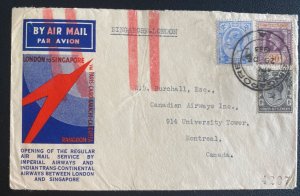 1933 Singapore First Flight Airmail Cover To Montreal Canada Imperial Airways