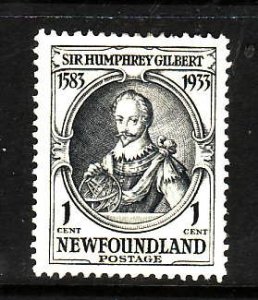 Newfoundland-Sc#212-unused hinged og 1c grey black Sir Humphrey Gilbert-1933-