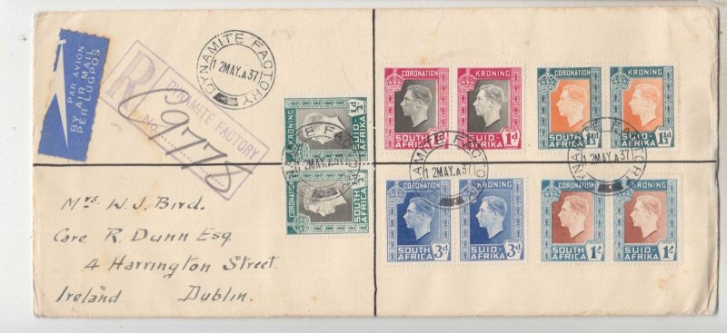 SOUTH AFRICA, 1937 Coronation set of 5 Reg. fdc. DYNAMITE FACTORY to Ireland.