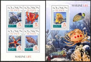 Solomon Islands 2013 Marine Life Fishes Crabs Turtles Sea Stars sheet + S/S MNH