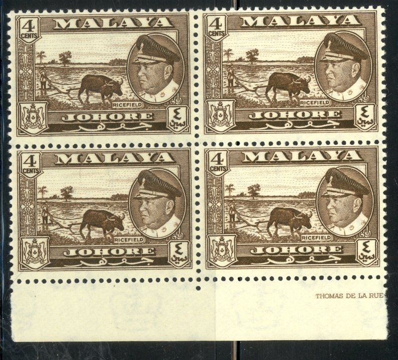 MALAYA JOHORE 1960 4c RICE FIELD Pictorial BLOCK OF 4 Scott 160 MNH