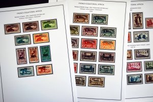 COLOR PRINTED FRENCH EQT. AFRICA 1936-1958 STAMP ALBUM PAGES (30 illustr. pages)