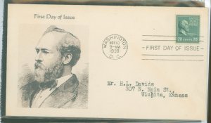 US 825 20c James A Garfield (single) part of the 1938 Presidential Series (prexy) on addressed (typed) FDC with a MH cachet add-