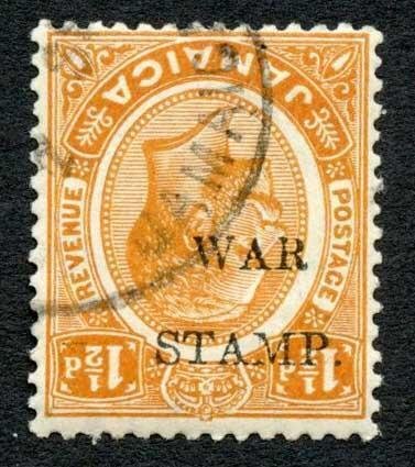 Jamaica SG74d 1 1/2d orange opt WAR STAMP Inverted   Cat 75 Pounds 