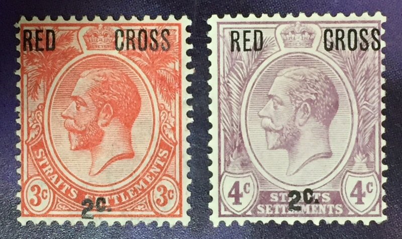 MALAYA RED CROSS 2c surcharge STRAITS SETTLEMENTS KGV 3c & 4c MLH  M4731