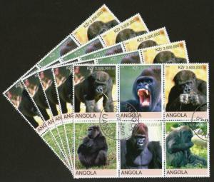 Angola 2000 Monkey Gorilla Wild Life Animal Fauna Setenant BLK/6 Cancelled X5...