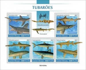 Guinea-Bissau - 2021 Sharks, Bamboo, Shortfin Mako - 5 Stamp Sheet - GB210209a