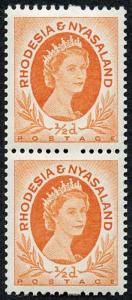 Rhodesia and Nyasaland SG1a 1/2d Redish Orange Coil Pair with broken perf pin