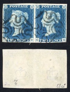 1840 2d Blue (GD/GE) Plate 2 Very Fine four margin PAIR Cat 2500 pounds