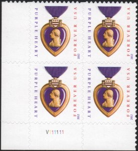 SC#4704 (Forever) Purple Heart Plate Block: LL #V111111 (2012) SA