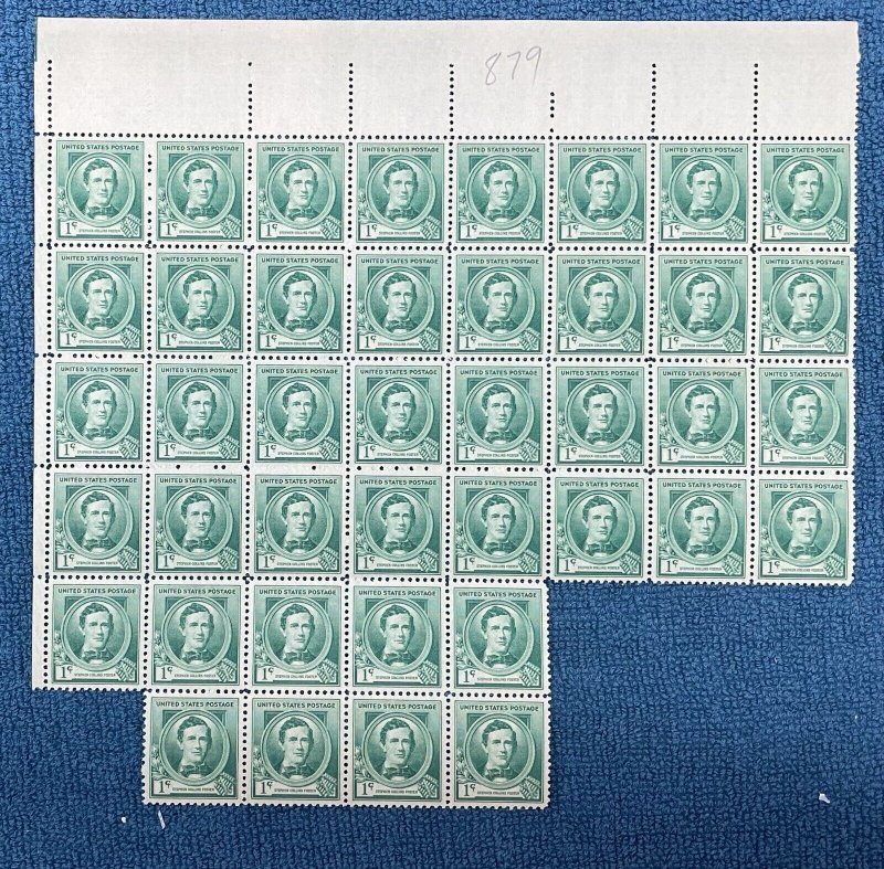 Scott #879, 1c Stephan Foster, Famous American Composer, Block of 42, MNH
