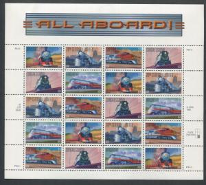 #3333 - 3337 All Aboard - Trains Sheet MNH 33 cent 