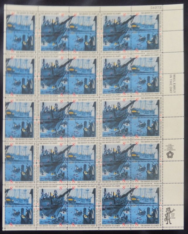 US #1480-1483 8c Boston Tea Party, F-VF NH or better,  FULL SHEET, post offic...