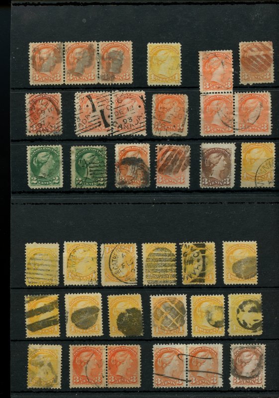 SMALL QUEEN lot 36 stamps fancy, cork, triple, pairs, 1c, 2c, 3c, Canada used