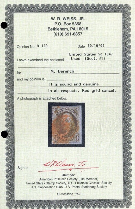 U.S. #1 Used with Weiss Cert 