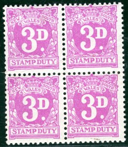 Australia States NSW REVENUE Stamps 3d Stamp Duty BLOCK OF FOUR Mint MM GWHITE51