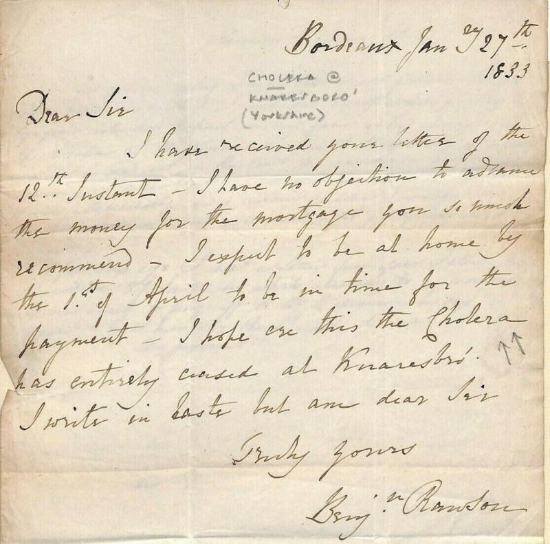 HISTORIC LETTER France Re CHOLERA Knaresboro Yorks DOCTOR{samwells-covers}MS3942