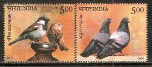 India 2010 Pigeon and Sparrow Birds Animals Fauna 2v MNH Inde Indien