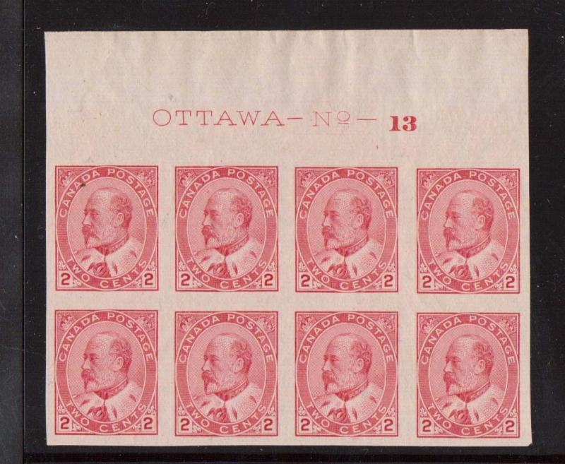 Canada #90a XF/NH Plate #13 Block Of Eight