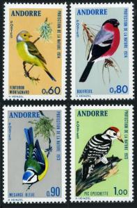 Andorra Fr 228-231,hinged. Birds 1973-74.Titmouse,Finch,Bullfinch,Woodpecker