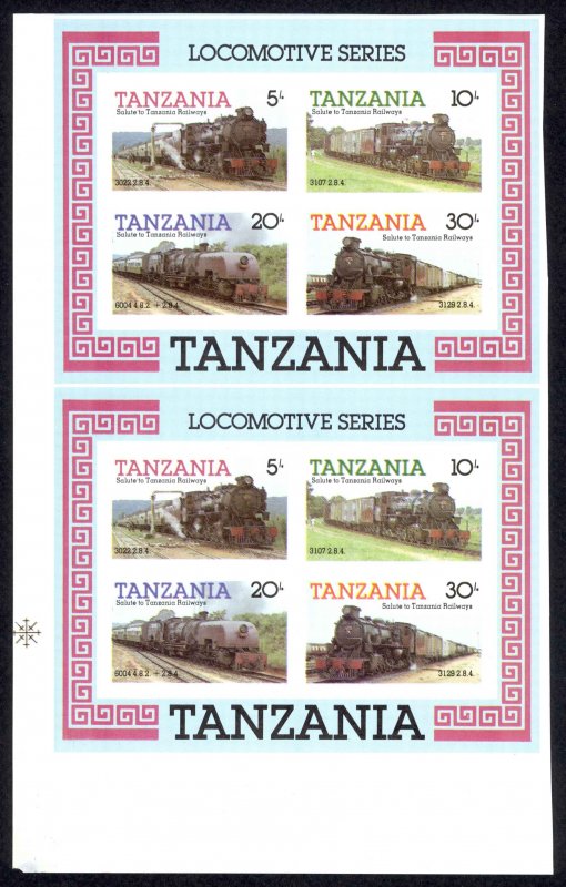 Tanzania Sc# 274a MNH pair IMPERF (ERROR) 1985 Locomotives Souvenir Sheet