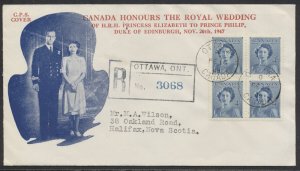 1948 #276 4c Royal Wedding FDC Block CPS Cachet w/Flyer Registered Ottawa