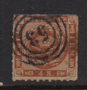 Denmark Sc 9 1863 4s brown Royal Emblems stamp rouletted  used