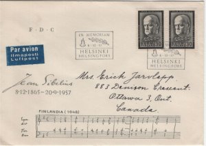 Finland 1957 FDC Sc 353 30m Jean Sibelius, composer (pair) Airmail to Canada