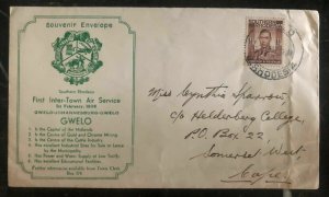 1938 Gwelo Southern Rhodesia First Flight Cover FFC To South Africa Back Label