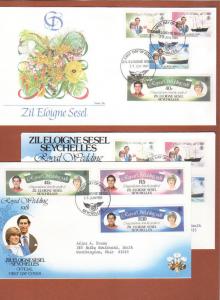 1981 Z.E.S. Seychelles, 3 diff Princess Diana wedding FDCs