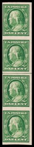United States Scott 383 Vert. Center Line Strip (1910) Mint H/NH VF, CV $15.00 W