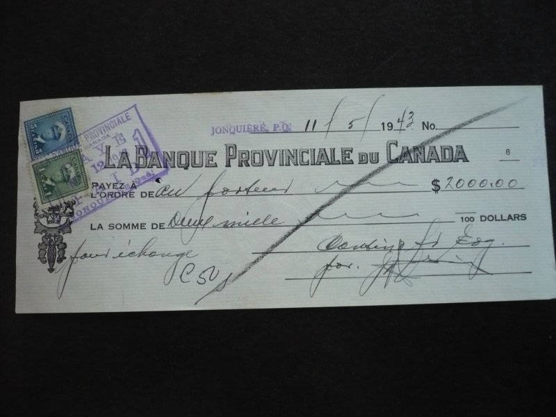 Canada - Revenue - KGVI War Issue Stamps on cheque dated 1943