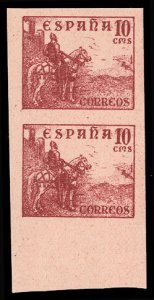 Spain #643P, 1936-40 El Cid, 10c brown red, imperforate vertical pair, printe...