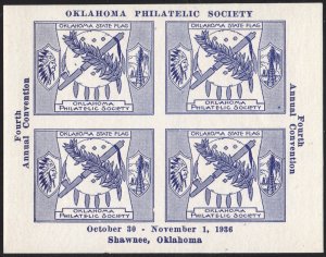 Oklahoma Philatelic Society Souvenir Sheet; 4th Annual Convention (1936) OG