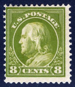 US Sc 414 Olive Green 8¢ 1912 SLWmk p.12 Light Hinge Original Gum Nice