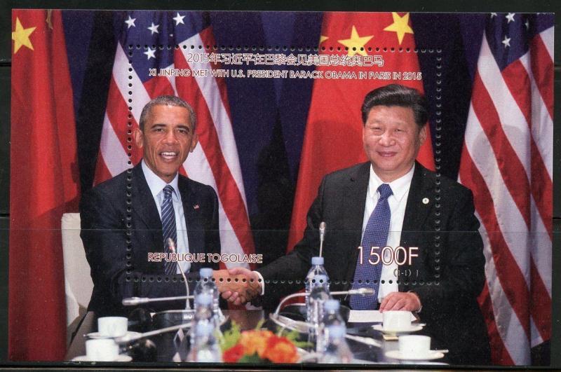 TOGO 2017  BARACK OBAMA & XI JINPING  MEET IN PARIS SOUVENIR SHEET MINT NH