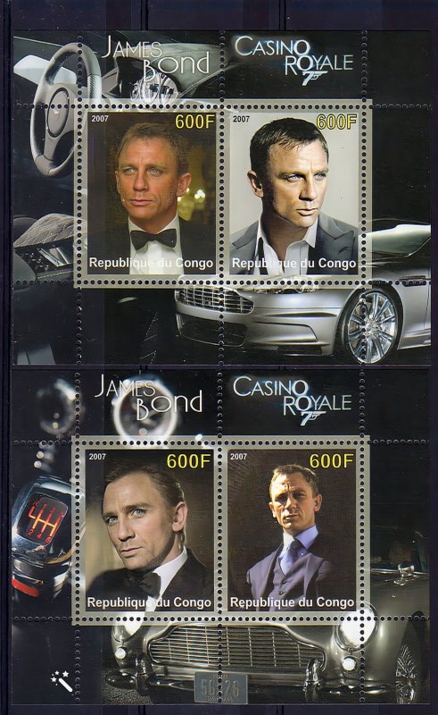 Congo Republic 2007 James Bond-Daniel Craig-ASTON MARTIN 2 S/S MNH