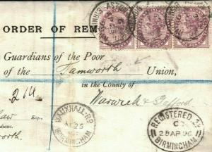 GB Poor Law Cover Registered ORDER OF REMOVAL Birmingham 1880 EL Tamworth R222a