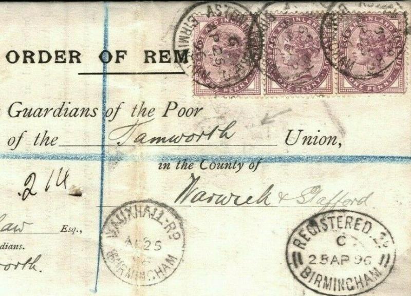 GB Poor Law Cover Registered ORDER OF REMOVAL Birmingham 1880 EL Tamworth R222a