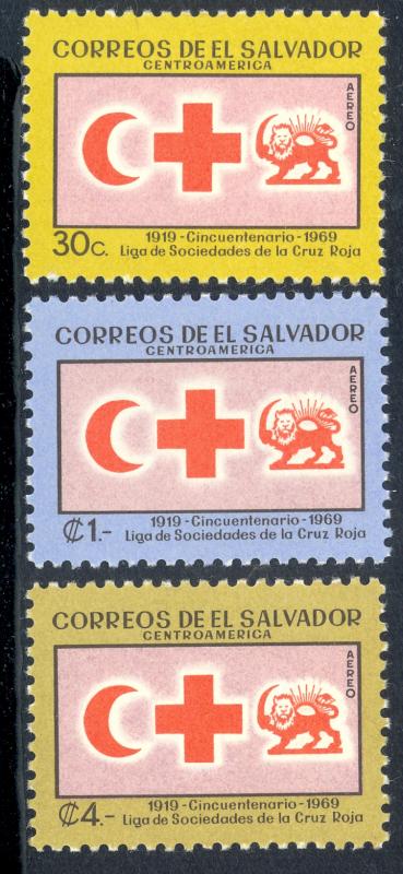 EL SALVADOR 1969 RED CROSS Anniv Airmail Set Sc C256-C258 MNH