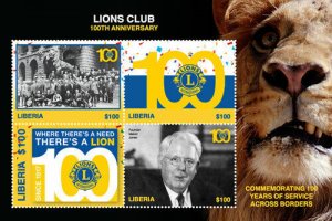 Liberia 2017 - Lions Club 100th Anniversary - Sheet of 4 Stamps - MNH