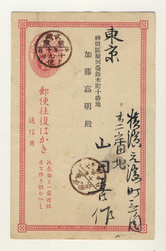 JAPON / JAPAN ENTIER POSTAL / POSTAL CARD 1s RED USED YOKOHAMA TO TOKYO