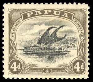 Papua 1907 Lakatoi 4d black & sepia RIFT IN CLOUDS fine mint. SG 52 variety.