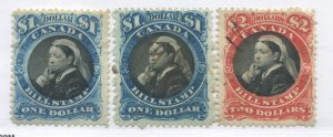 Canada 1868 Bill Stamps $1 (2 shades) and $2 used