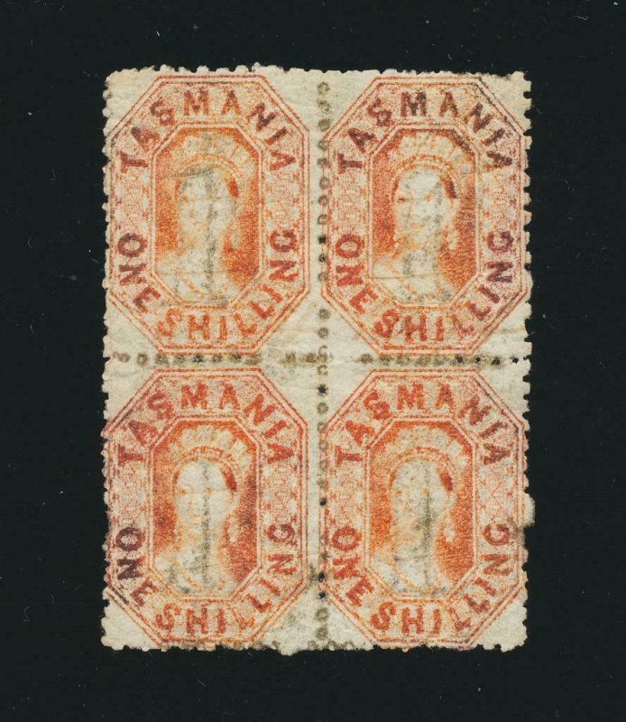 TASMANIA 1873, 1sh CHALON P11½ BLOCK, VF MNH/LH SG#140 CAT£1400 (SEE BELOW)