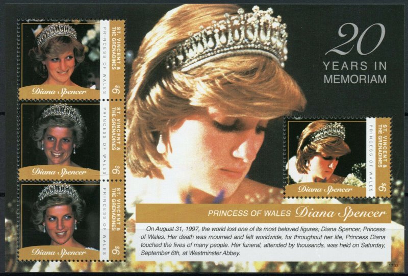 St Vincent & Grenadines 2017 MNH Princess Diana 20th Mem 4v M/S I Royalty Stamps 