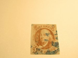 US Stamp, Scott #1b 1847 5c Franklin Used Orange Brown w/Certificate SCV $825.00