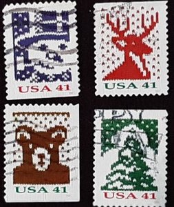 US Scott # 4207-4210; Four used 41c Christmas from 2007; VF centering; off paper