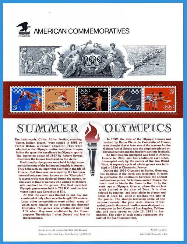 USPS COMMEMORATIVE PANEL #368 SUMMER OLYMPICS #2553-57