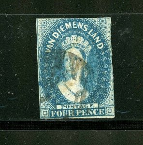 Tasmania #6 (TA169) Queen Victoria Imperforated wmk 6, 4p deep blue, U,CV$145.00